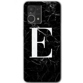 Oppo Reno 7 4G Siyah Mermer Desenli E Harfi Baskılı Uyumlu Silikon Kılıf