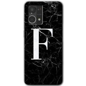 Oppo Reno 7 4G Siyah Mermer Desenli F Harfi Baskılı Uyumlu Silikon Kılıf