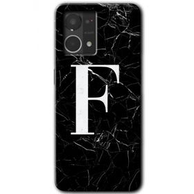 Oppo Reno 7 4G Siyah Mermer Desenli F Harfi Baskılı Uyumlu Silikon Kılıf