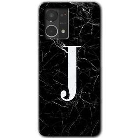Oppo Reno 7 4G Siyah Mermer Desenli J Harfi Baskılı Uyumlu Silikon Kılıf
