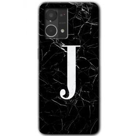 Oppo Reno 7 4G Siyah Mermer Desenli J Harfi Baskılı Uyumlu Silikon Kılıf