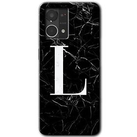 Oppo Reno 7 4G Siyah Mermer Desenli L Harfi Baskılı Uyumlu Silikon Kılıf