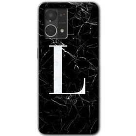 Oppo Reno 7 4G Siyah Mermer Desenli L Harfi Baskılı Uyumlu Silikon Kılıf