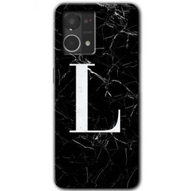 Oppo Reno 7 4G Siyah Mermer Desenli L Harfi Baskılı Uyumlu Silikon Kılıf