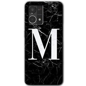 Oppo Reno 7 4G Siyah Mermer Desenli M Harfi Baskılı Uyumlu Silikon Kılıf