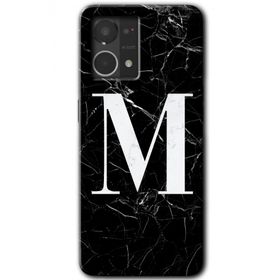 Oppo Reno 7 4G Siyah Mermer Desenli M Harfi Baskılı Uyumlu Silikon Kılıf