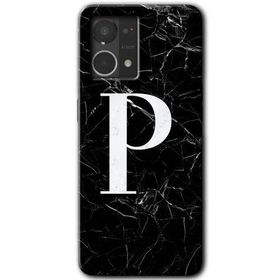 Oppo Reno 7 4G Siyah Mermer Desenli P Harfi Baskılı Uyumlu Silikon Kılıf