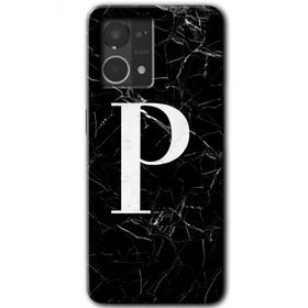 Oppo Reno 7 4G Siyah Mermer Desenli P Harfi Baskılı Uyumlu Silikon Kılıf