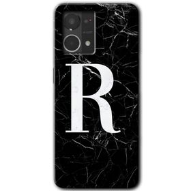 Oppo Reno 7 4G Siyah Mermer Desenli R Harfi Baskılı Uyumlu Silikon Kılıf