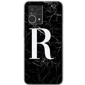 Oppo Reno 7 4G Siyah Mermer Desenli R Harfi Baskılı Uyumlu Silikon Kılıf
