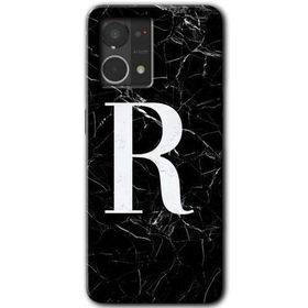 Oppo Reno 7 4G Siyah Mermer Desenli R Harfi Baskılı Uyumlu Silikon Kılıf