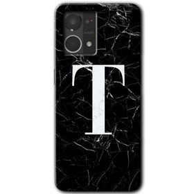 Oppo Reno 7 4G Siyah Mermer Desenli T Harfi Baskılı Uyumlu Silikon Kılıf