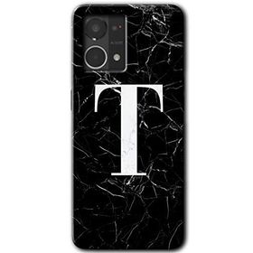 Oppo Reno 7 4G Siyah Mermer Desenli T Harfi Baskılı Uyumlu Silikon Kılıf