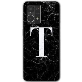 Oppo Reno 7 4G Siyah Mermer Desenli T Harfi Baskılı Uyumlu Silikon Kılıf