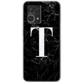 Oppo Reno 7 4G Siyah Mermer Desenli T Harfi Baskılı Uyumlu Silikon Kılıf