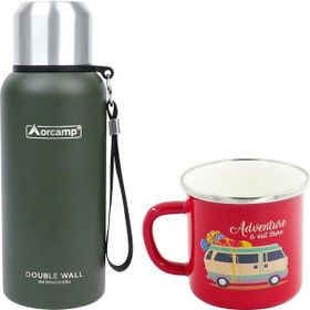 Orcamp OUT-5000 0.50 lt Yeşil Çelik Termos+OUT-1900 Emaye Karavan Kırmızı 330 ml Kupa