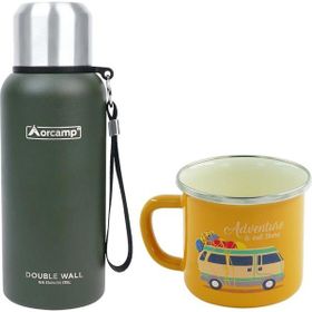 Orcamp OUT-5000 0.50 lt Yeşil Çelik Termos+OUT-1900 Emaye Karavan Sarı 330 ml Kupa