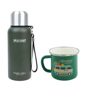 Orcamp OUT-5000 0.50 lt Yeşil Çelik Termos+OUT-1900 Emaye Karavan Yeşil 330 ml Kupa