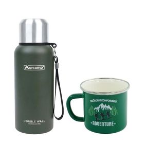 Orcamp OUT-5000 0.50 lt Yeşil Çelik Termos+OUT-1900 Emaye Yeşil Adventure 330 ml Kupa