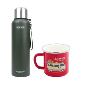 Orcamp OUT-5100 1.5 lt Yeşil Çelik Termos+OUT-1900 Emaye Karavan Kırmızı 330 ml Kupa