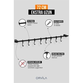 Orvila Siyah Çok Amaçlı 8 Kancalı Askı Demiri Maxi 72 cm Metal Mutfak ve Banyo Askısı