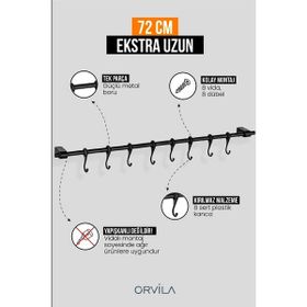 Orvila Siyah Çok Amaçlı 8 Kancalı Askı Demiri Maxi 72 cm Metal Mutfak ve Banyo Askısı