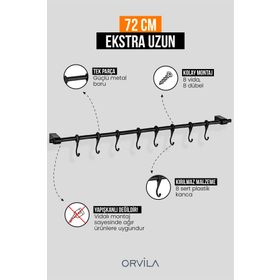 Orvila Siyah Çok Amaçlı 8 Kancalı Askı Demiri Maxi 72 cm Metal Mutfak ve Banyo Askısı