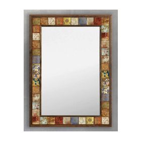 Oscar Stone Ahşap 53x73 cm Seramik Desen Eskitme Çiçek Vintage Çerçeveli Mozaik Mermer Ayna