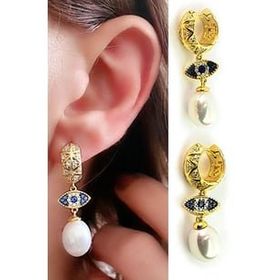 Oseshop İtalyan 925 Ayar Gümüş Üzerine Altın Kaplama Göz Figürlü İnci Küpe