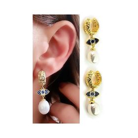 Oseshop İtalyan 925 Ayar Gümüş Üzerine Altın Kaplama Göz Figürlü İnci Küpe