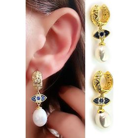 Oseshop İtalyan 925 Ayar Gümüş Üzerine Altın Kaplama Göz Figürlü İnci Küpe