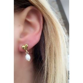 Oseshop İtalyan 925 Ayar Gümüş Üzerine Altın Kaplama Kalpli Barok İncili Tasarım Küpe