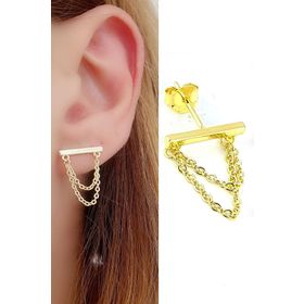 Oseshop İtalyan 925 Ayar Gümüş Üzerine Altın Kaplama Zincir Detaylı Tasarım Tek Küpe