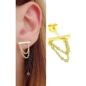 Oseshop İtalyan 925 Ayar Gümüş Üzerine Altın Kaplama Zincir Detaylı Tasarım Tek Küpe