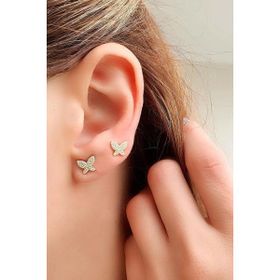 Oseshop İtalyan 925 Ayar Gümüş Üzerine Altın Kaplama Zirkon Taş Detaylı Minimal Kelebek Küpe