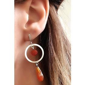 Oseshop İtalyan Tasarımı Doğal Akik Taşlı 925 Ayar Gümüş Modern Küpe