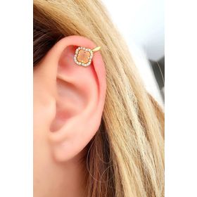 Oseshop Kedi Gözü Taşlı 925 Ayar Gümüş Üzerine Altın Kaplama İtalyan Sıkıştırmalı Earcuff Kıkırdak Küpesi