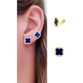Oseshop Lacivert Taşlı Zirkon Taş Detaylı 925 Ayar Gümüş Üzerine Altın Kaplama İtalyan Tasarımı Yonca Küpe