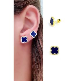 Oseshop Lacivert Taşlı Zirkon Taş Detaylı 925 Ayar Gümüş Üzerine Altın Kaplama İtalyan Tasarımı Yonca Küpe