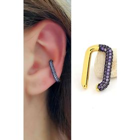 Oseshop Mor Nano Ametist Taşlı İtalyan Tasarımı 925 Ayar Gümüş Üzerine Altın Kaplama Sıkıştırmalı Kıkırdak Küpesi