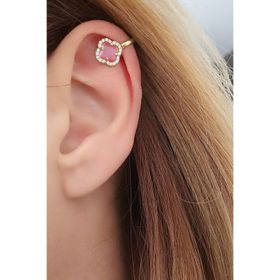 Oseshop Pembe Kedi Gözü Taşlı 925 Ayar Gümüş Üzerine Altın Kaplama İtalyan Sıkıştırmalı Earcuff Kıkırdak Küpesi
