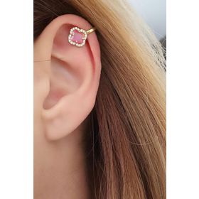 Oseshop Pembe Kedi Gözü Taşlı 925 Ayar Gümüş Üzerine Altın Kaplama İtalyan Sıkıştırmalı Earcuff Kıkırdak Küpesi