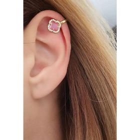Oseshop Pembe Kedi Gözü Taşlı 925 Ayar Gümüş Üzerine Altın Kaplama İtalyan Sıkıştırmalı Earcuff Kıkırdak Küpesi