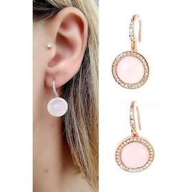 Oseshop Pembe Kuvars Taşlı Zirkon Taş Detaylı 925 Ayar Gümüş Rose İtalyan Küpe