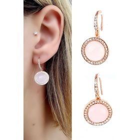 Oseshop Pembe Kuvars Taşlı Zirkon Taş Detaylı 925 Ayar Gümüş Rose İtalyan Küpe