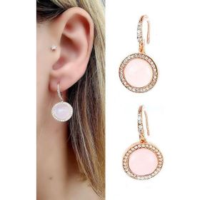 Oseshop Pembe Kuvars Taşlı Zirkon Taş Detaylı 925 Ayar Gümüş Rose İtalyan Küpe