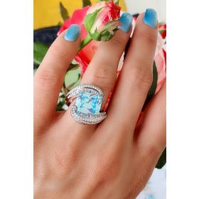 Oseshop Pırlanta Parlaklığında Zirkon Taş Detaylı 925 Ayar Gümüş Aquamarin Taşlı Exclusive Yüzük