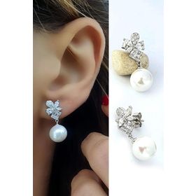 Oseshop Pırlanta Parlaklığında Zirkon Taşlı 925 Ayar Gümüş inci küpe