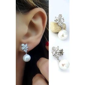 Oseshop Pırlanta Parlaklığında Zirkon Taşlı 925 Ayar Gümüş inci küpe
