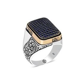 Osmanlı Gümüş Derne Lacivert Zirkon Taşlı Yanı Işli Özel Seri Erkek Gümüş Yüzük